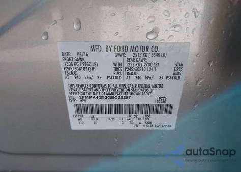 2016 Ford Edge Se z USA, uszkodzony, nr VIN 2FMPK4G92GBC26257